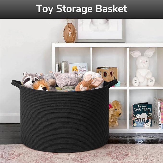 Goodpick Extra Large Woven Dirty Clothes Basket for Nursery, 115L | 23.5 x 23.5 x 15.8 In Storage Basket for Nursery, Blanket Basket for Towels Clothes, Balck