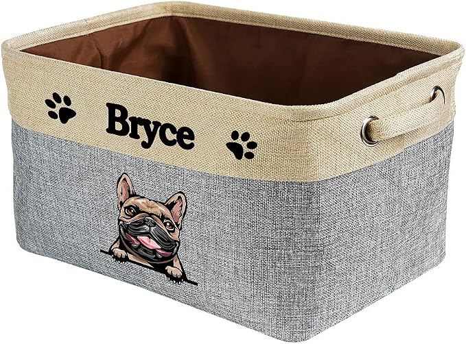 Personalized Fabric Dog Toy Storage Basket with Lovely Dog French Bulldog Collapsible Sturdy Fabric Pet Toys Storage Bin Cube with Handles for Organizing, Grey and White