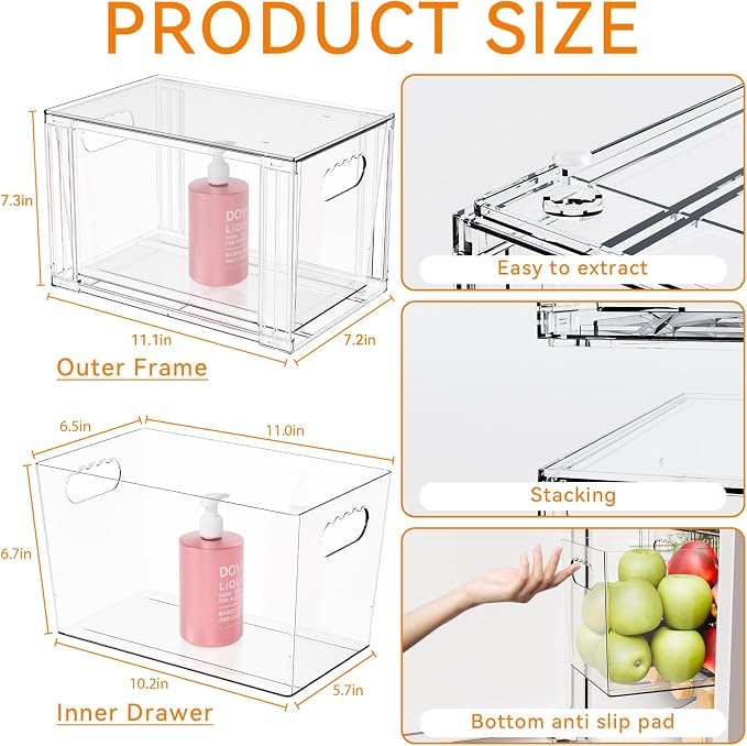 Yieach 2 Pack Large Stackable Storage Drawers,11″Deep Under Cabinet Organizer,Baby Bottle Organizer,Clear Stacking Pull Out Drawer,Acrylic Storage Containers Bins for Organizing Snack,Medicine,Makeup