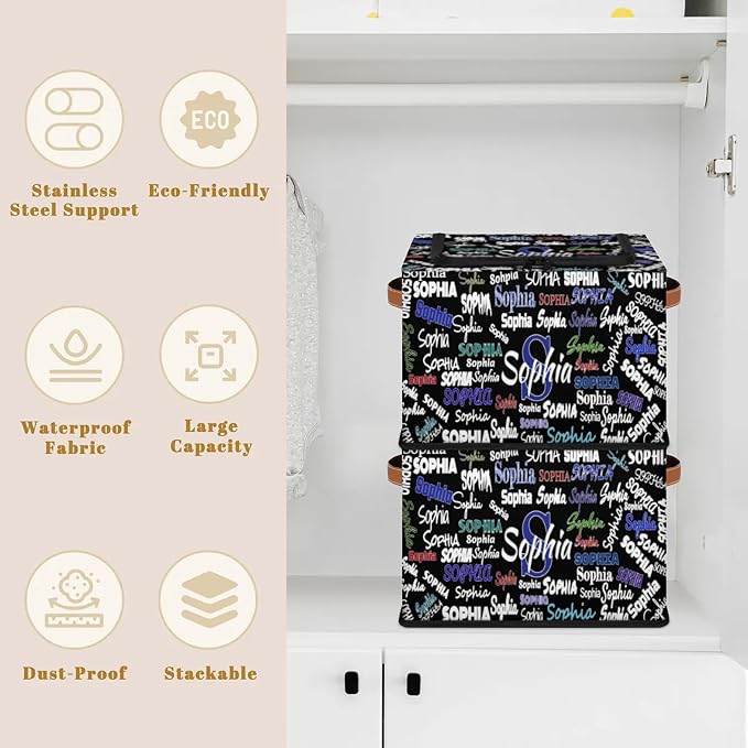 Personalized Kids Toy Box with Name, Custom Nursery Baskets Cubes Box with Zipper Lid, Kids Boys Custom Storage Basket Laundry Baskets Organizer with Handles, Solid Black