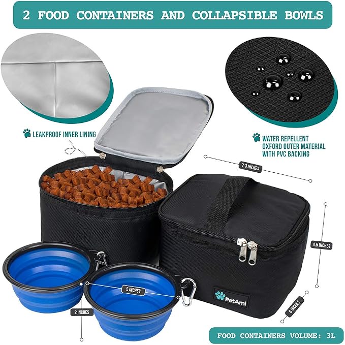 PetAmi Dog Travel Bag Organizer, Pet Supplies Tote Diaper Bag, Black Medium | Pet Travel Kit with 2 Food Containers & 2 Collapsible Dog Bowls, Luggage Sleeve, Weekend Getaway Road Trip Camping Essentials