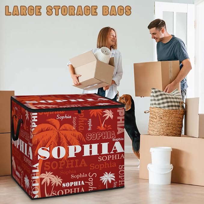 Personalized Large Storage Basket with Lid, Comforters, Bedding Storage Bin with Handles for Home, Collapsible Basket for Clothes, Moving, Car Trunk, Orange White Palm Trees Red Background