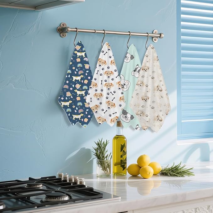 Hanamiya Na 4Pcs Cute Dog Kitchen Towels, Whimsical Decorative Absorbent Microfiber Dish Cloth Tea Towel, Waffle Hand Towels for Farmhouse Home Bathroom, Dog Gifts
