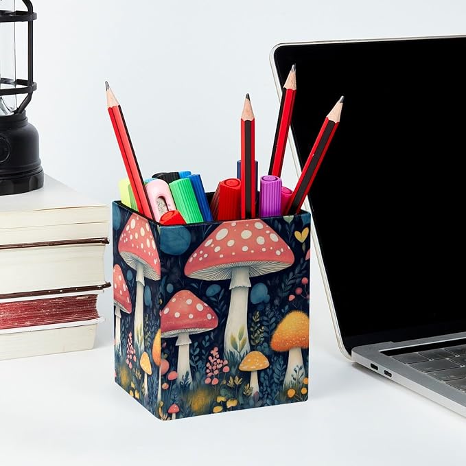 Mushroom Pen Holder for Desk Decor, Rectangular PVC Leather Pencil Cup for Desk Pen Organizer, Makeup Brush Holder for School, Home, Office