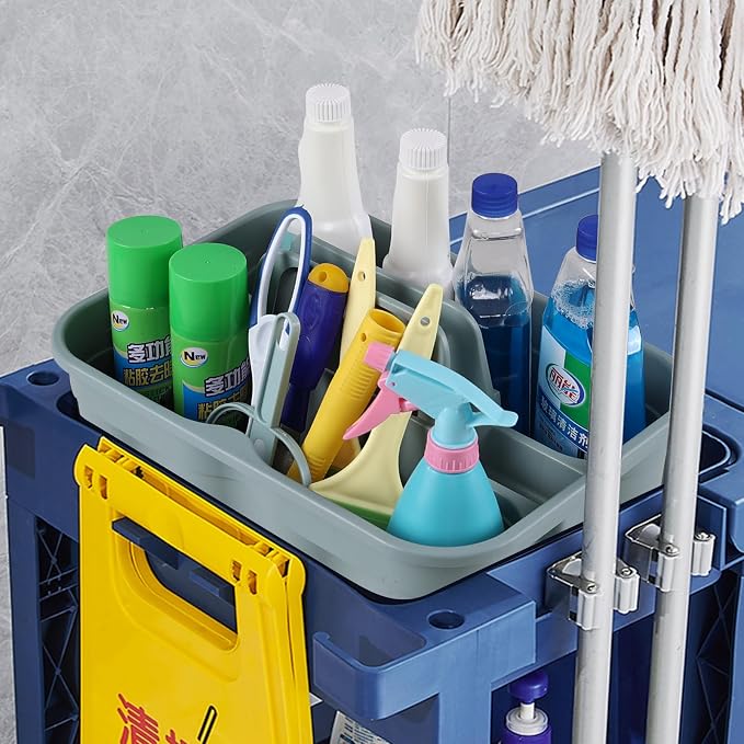 Plastic Cleaning Caddy Set, 2-Compartment Tool Caddy | 4-Pack, Sturdy Grey Plastic, Carry Handle, Ideal for Cleaning Supplies, Craft, and Organizer Storage