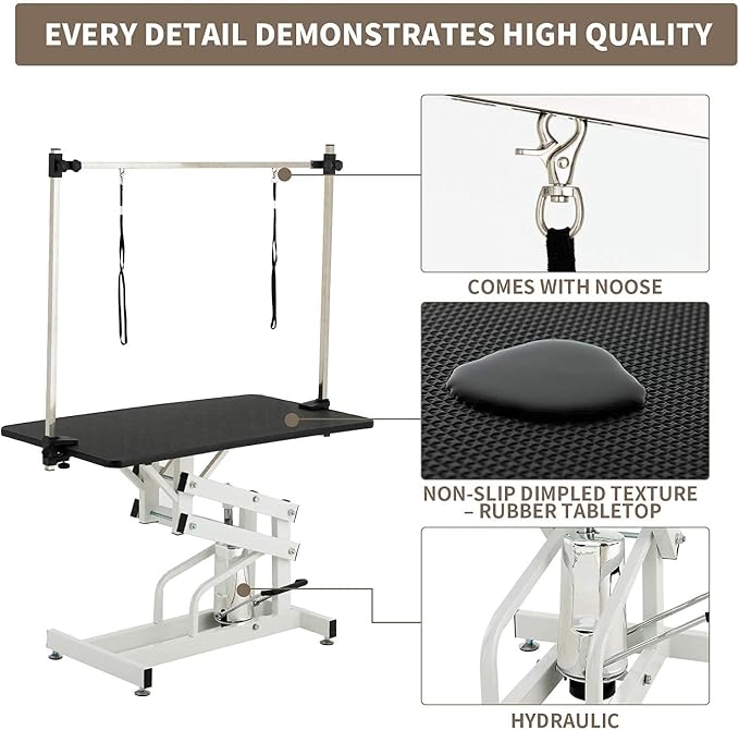 Hydraulic Dog Grooming Table for Small/Large Dogs, Heavy Duty Professional Pet Grooming Table with Adjustable Overhead Arm and Noose, Range 21-36 Inch, 43''/Black