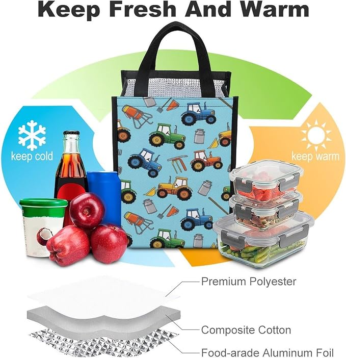 Reusable Thermal Lunch Totes Cooler Bag Portable Insulated Lunchbox Compatible with Milk Farm Tractors Food Organizer for Office Travel