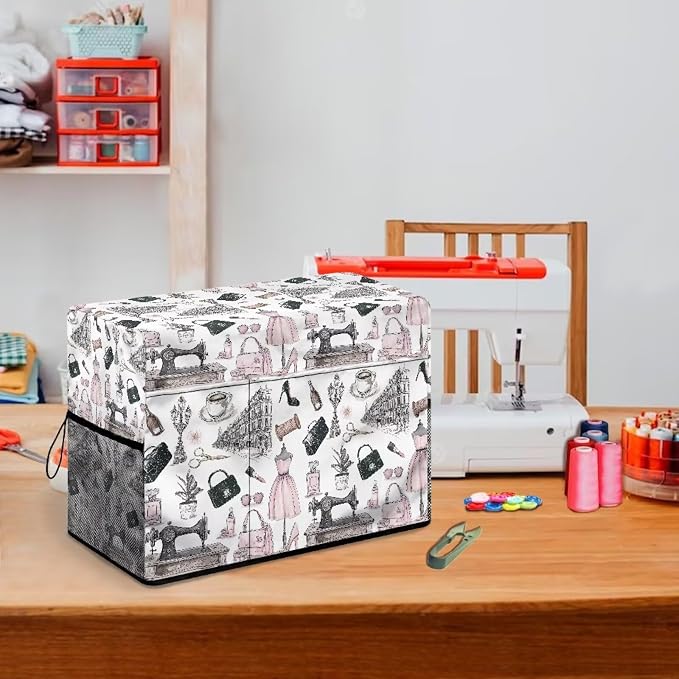 Vintage Sewing Element Sewing Machine Cover with Storage Pockets,Dust & Pet Hair Protection,Fits Standard Singer, Brother and Janome Machines Gifts