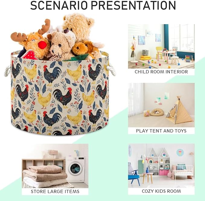 Chicken Rooster Collapsible Round Storage Basket with Handles | Hen Flower Print Large Laundry Baskets Hamper, Clothes Organizer Bin for Nursery Bedroom Living Room Decor, 20x 20x 14 Inches