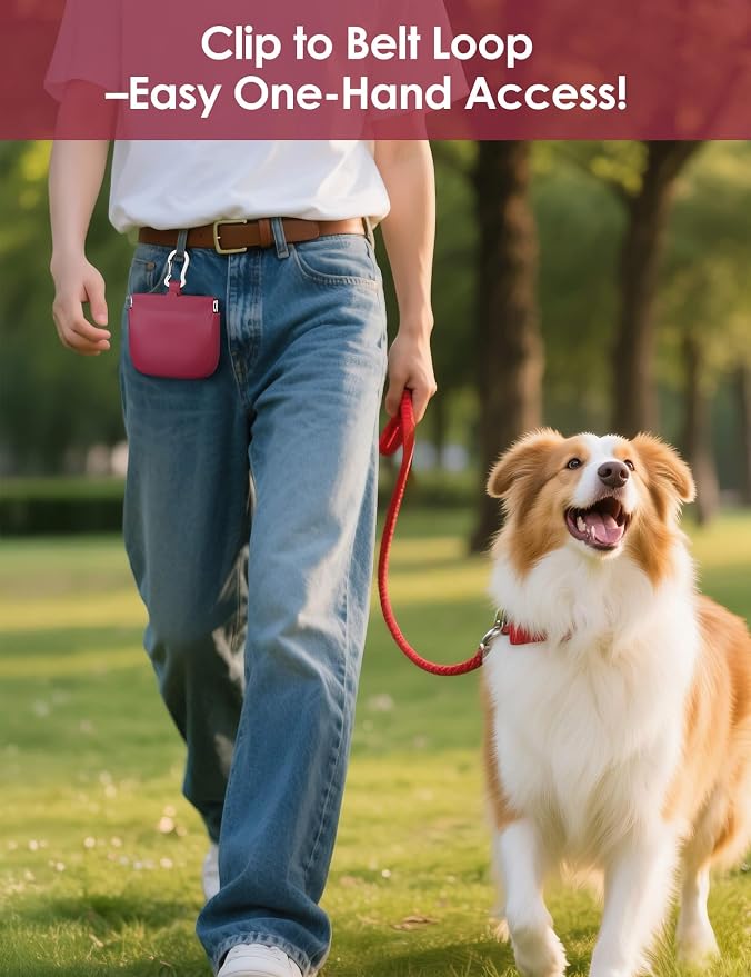 1 Cup Silicone Dog Training Treat Pouch (Red) | Clip on Leash or Belt Loop, One-Hand Access with Pull Tab, Small Pocket Sized, Auto Closing Lid for Pet Training & Walking