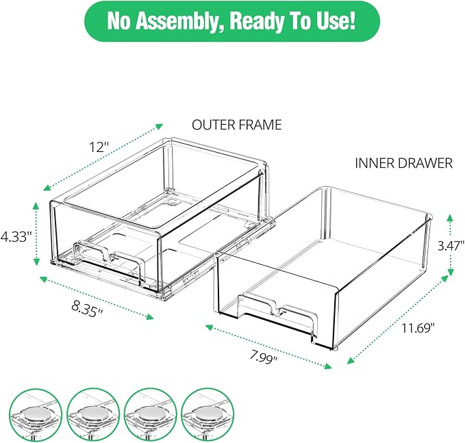damynuo 2 Pack Refrigerator Drawers - Fridge Organizer Bins Stackable Storage Drawers, Clear Refrigerator Organizing Containers Pull Out Drawer for Fruit, Vegetable Storage and Keep Fresh