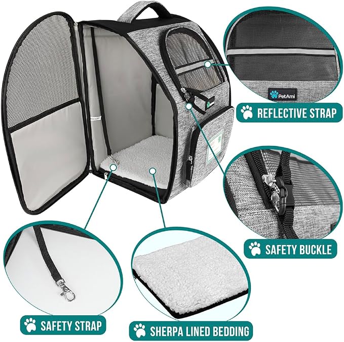 PetAmi Dog Backpack Carrier Airline Approved Cat Pet Puppy Bag, Grey | Ideal for Small Medium Large Pet up to 18 lb, 2 Side Entry Structured No-Collapse Frame, Ventilated Bookbag for Hiking Travel