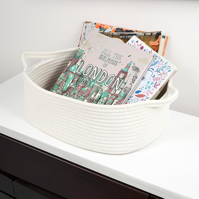 Woven Cotton Rope Storage Basket with Handles, White, 13.5 Inch | Empty Gift Basket, Bathroom and Closet Organizer, Nursery Toy Storage, Decorative Boho Basket, Shelf Storage Bin