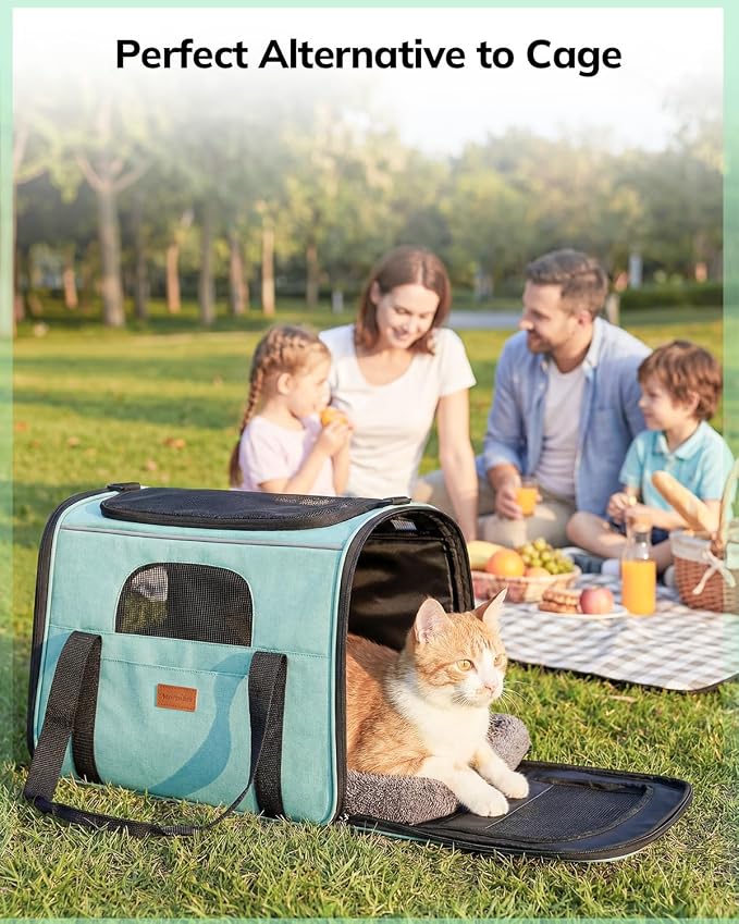Morpilot Cat Carrier Soft for Large Medium Cats and Puppy up to 20lbs | with Dual-Sided Cushion, Secure Buckle and Foldable Bowl, Dog Carriers for Small Dogs - Pet Carrier (Green)