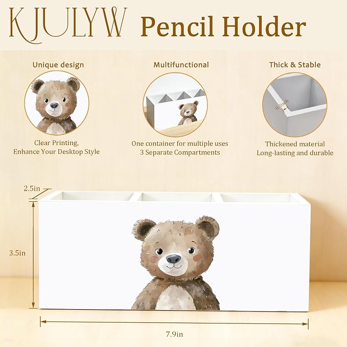 Pencil Holder for Desk Kids, Bear Lover Gifts, Cute Forest Animal Wooden Box Pencil Pen Holder Organizer for Kids Room Home Office Desk Accessories