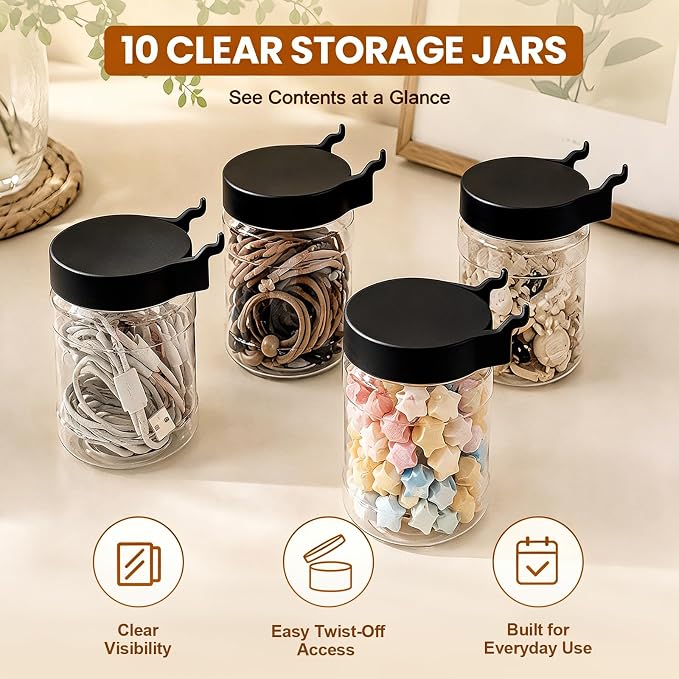 20PCS Pegboard Organizer Accessories, 10 Clear PET Jars with Lids & 10 Open ABS Bins, Fits 1/8” & 1/4” Pegboards, Wall Organizer Set for Garage, Workshop, Craft Room, Office & Home
