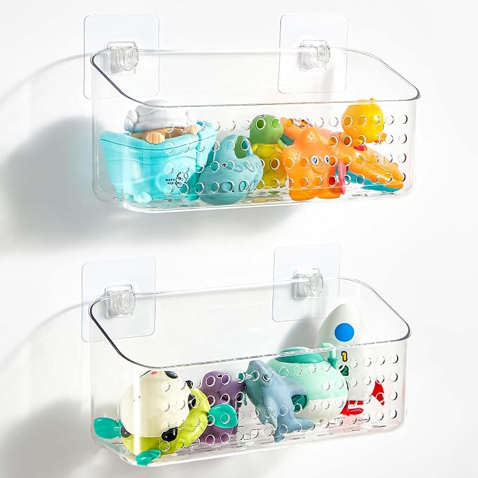 Bath Toy Storage 2 Pack, Large Bathtub Toy Holder Shower Caddy for Bathroom | Clear Bathtub Toy Organizer, No Drill Shower Organizer, Quick Dry Bath Tub Toy Net Basket Bin for Baby Toddler Kids