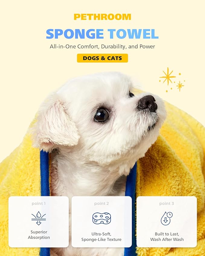 PETHROOM Ultra Absorbent Pet Towel | Quick-Drying, Soft Microfiber Dog & Cat Bath Towel | Lightweight, Durable, Fast Water-Soaking | Ideal for All Breeds (Large) 23.6" x 47.2"