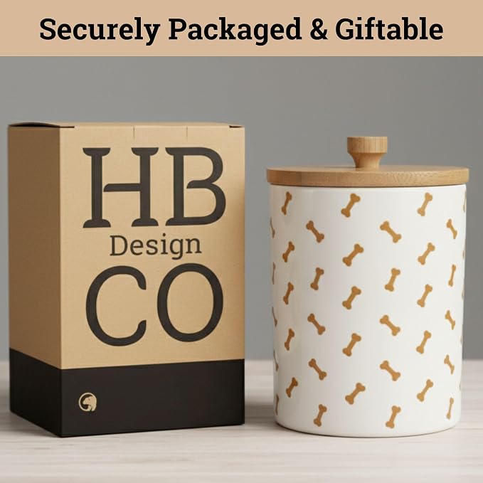 Ceramic Dog Treat Container Airtight with Bamboo Lid, 5"W x 6.4"H, 4 Cups | Sturdy Durable Ceramic, Airtight Bamboo Lid, Food Safe, Fits Most Popular Treats, 4 Cup Capacity, Easy to Wash