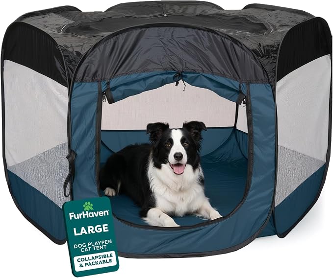 FurHaven Soft-Sided Dog & Cat Playpen, Portable Foldable Indoor & Outdoor Pet Playpen with Mesh Windows & Zippered Door, Sailor Blue, Large
