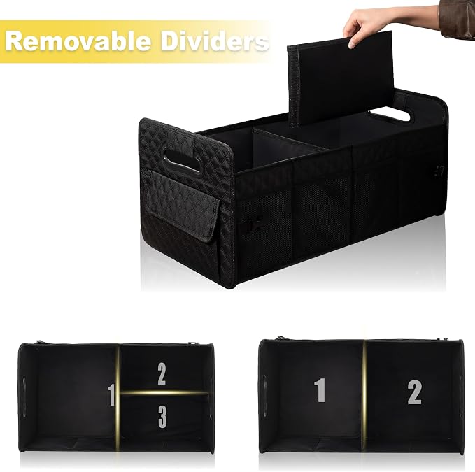 JiatuA Car Trunk Organizer for SUV, Collapsible Car Storage Organizer Black | Sturdy, Large Capacity, Diamond Decor, Multi Compartment Container Box Adjustable Car Accessories for Sedan Truck