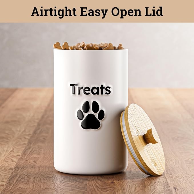 Ceramic Dog Treat Container Airtight with Bamboo Lid, 5"W x 9"H, 7 Cups | Sturdy Durable Ceramic, Airtight Rubber-Lined Bamboo Lid, Food Safe, Fits Most Popular Treats, 7 Cup Capacity, Easy to Wash