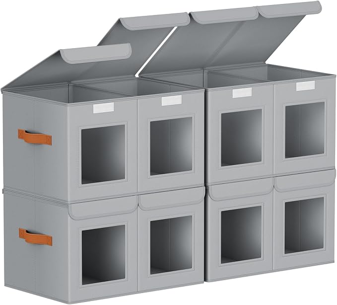 Homsorout Large Closet Storage Bins - Collapsible Divided Clothes Organizer with Lids & Dual Window, Fabric Organizing Bins for Clothes, Sweater, Bedroom, Office (Grey, 4 Pack)