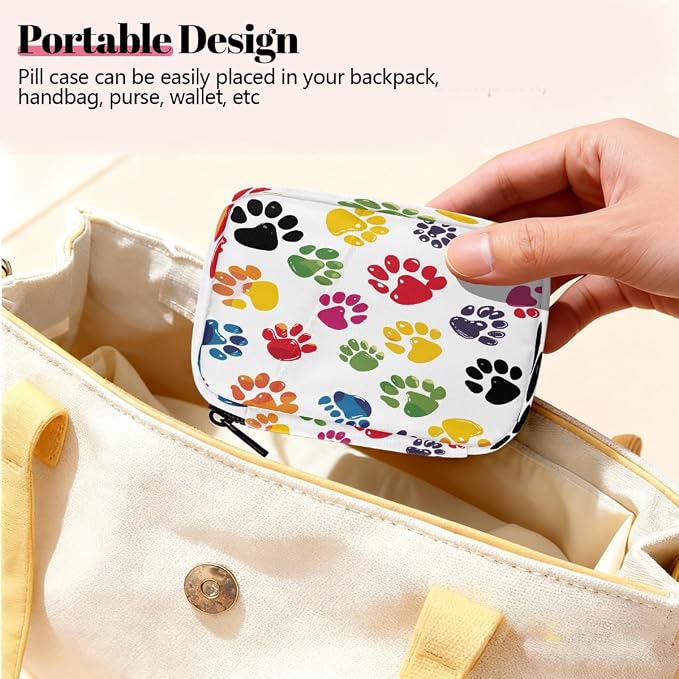 Weekly Pill Organizer Travel Size Bag with Removable 7 Day Pill Box Portable Vitamin Case Purse with Zipper,Colorful Pet Paws White
