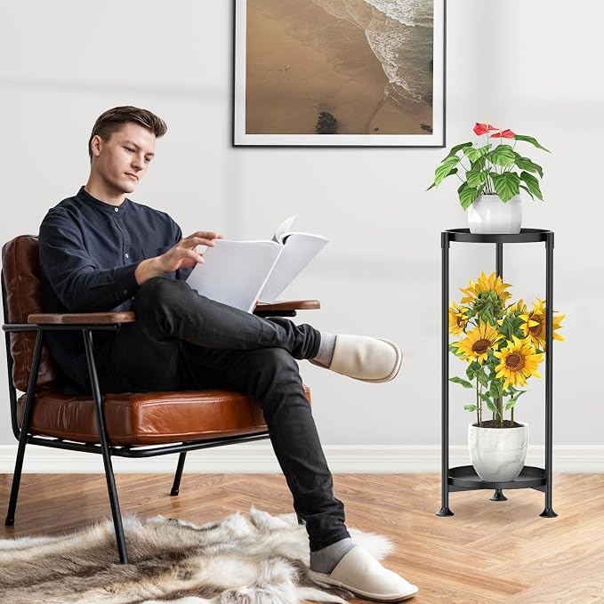 KMOTASUO 2 Tier Metal Plant Stand Tall for Indoor Outdoor Corner, Black | Heavy Duty Flower Holder Rack, Modern Vertical Iron Shelf for Patio Bathroom Office Garden