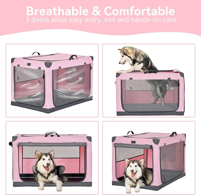 PETSFIT 40" Soft Portable Dog Crate – Patented Spiral Sturdy Frame, Collapsible Travel Kennel for Large Dogs, 3 Mesh Door, Lockable Zippers, Indoor & Car Use Pink