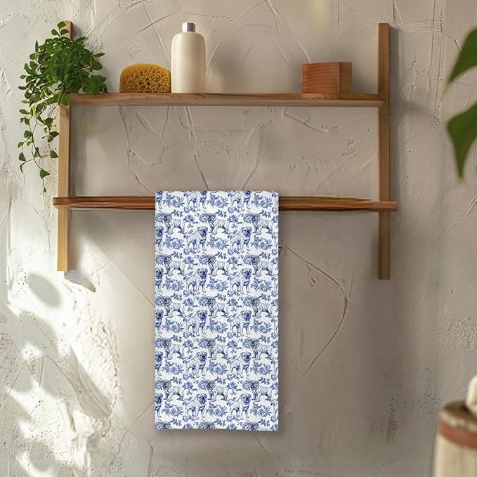 Chicimln Chinoiserie English Bulldog Kitchen Towels, English Bulldog Gifts Decorative Hand Towels for Bathroom, Blue and White Dog Dish Tea Towel Drying Cloth for Kitchen Decor, 16x24 Inch