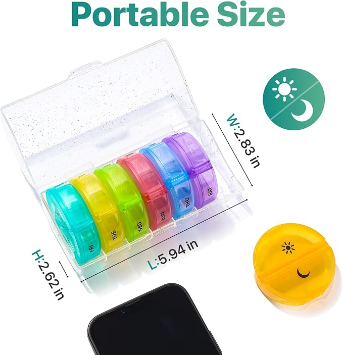 Sukuos Large Weekly Pill Organizer 2 Times a Day, Daily Pill Box 7 Day Easy to Open with Double Protection, AM PM Pill Case for Medicine/Vitamin/Fish Oil/Supplements (Glitter Clear)