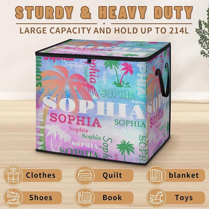 Personalized Extra Large Storage Bins with Lid, Customized Name Painted Blue Pink Green Tropical Palm Trees Storage Basket Rectangle Clothes Organizer for Organizing Kids and Pets Toys Shelf Closet