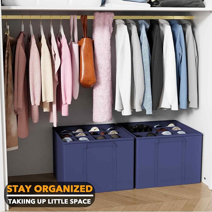 SpaceAid Shoe Organizer for Closet, 2 Pack Foldable Shoe Storage Containers Baskets Boxes Bins w/Adjustable Dividers, Fits 16-32 Pairs, Blue