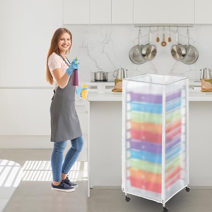 Utility Cart Cover Frosted PVC 10 Drawer Cart Cover with Zipper Access | Semi-transparent frosted PVC, roll-up panel, top buckle straps, dual zippers, inner fastening straps, dust protection