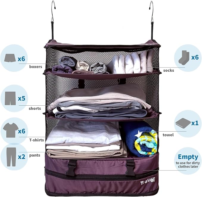 Stow-N-Go Hanging Travel Shelves, Packing Organizer for Luggage. Carry on Closet for Suitcase. Expandable Packing Cube. Travel Essentials. (Burgundy, XL = (L) 17.7" x (W) 11.8")