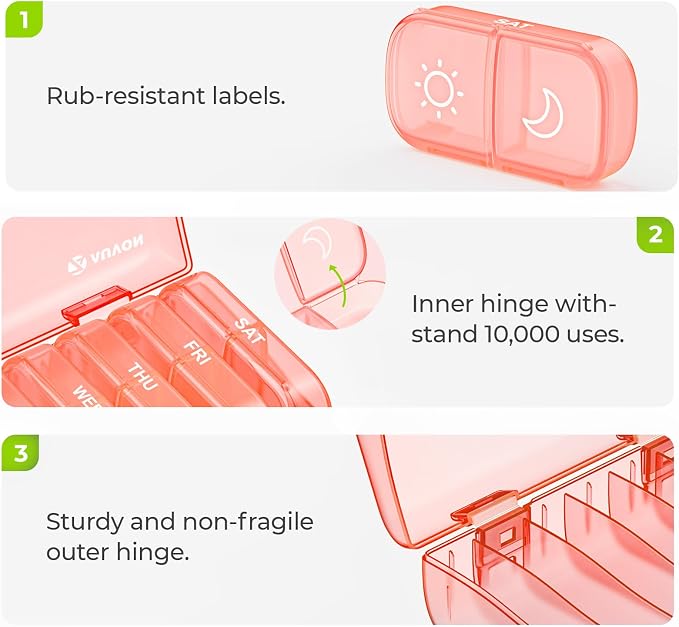 AUVON Weekly Pill Organizer 2 Times a Day, One-Sided Opening, Easy to Use | AM PM Pill Case, XL Pill Box 7 Day, Travel Medication Organizer for Medication, Vitamins, Fish Oils, Supplements, Peach Pink