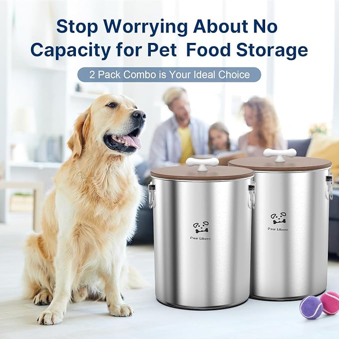 Paw Libero 2PK 25 Lbs total 50 Lbs Stainless Steel Dog Food Storage Container with Airtight Wooden Lid & Ceramic Bone Handle, Large Metal Dog Food Bin for Dogs & Cats