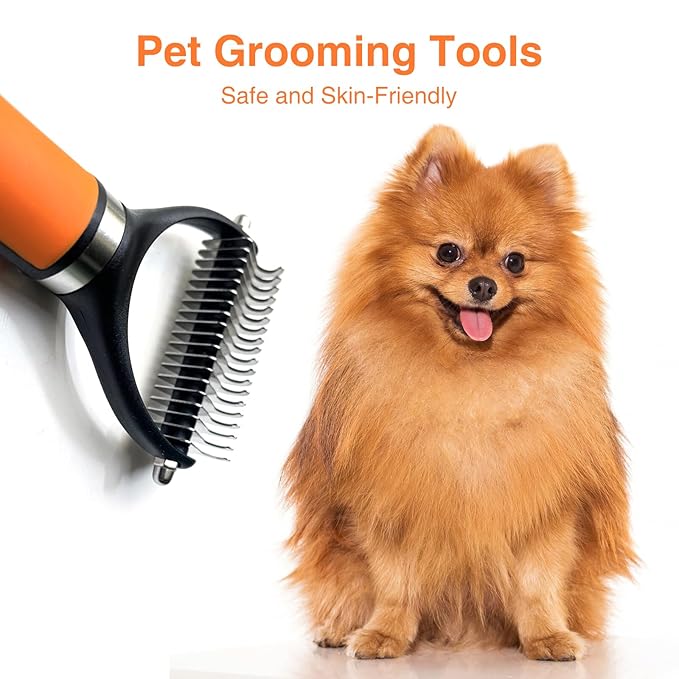 2-Sided Undercoat Rake for Dogs and Cats, Deshedding & Dematting Comb for Long Hair, Dog Brush for Shedding and Tangles, Stainless Steel Pet Grooming Tool