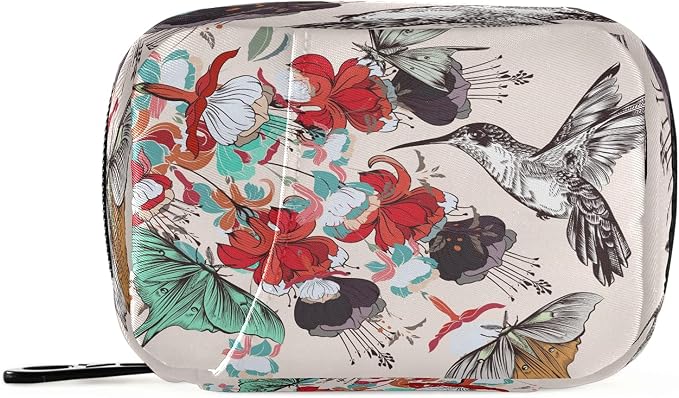 Naanle Floral Butterfly Hummingbird 7 Day Pill Case Travel Pill Organizer Bag with Zipper Portable Weekly Case Compact Size for Vitamin Supplement Holder