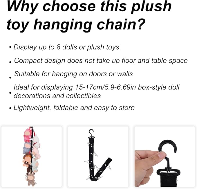 2pcs Stuffed Animal Storage Chain, Plush Toy Hanging Display Strap with 8 Metal Clips Wall & Over Door Organizer Holder for 5.9-6.69in or Hats Scarf Nursery Playroom Decor (Black)