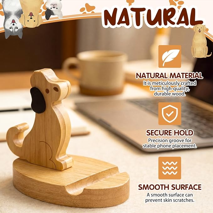 Xuhal 2 Pack Cute Dog Phone Stand for Desk, Wooden Animal Phone Holder, Novelty Cellphone Stand Cute Wooden Desk Smartphone Ornament, Gift for Dog Lovers Women Office Home Kitchen