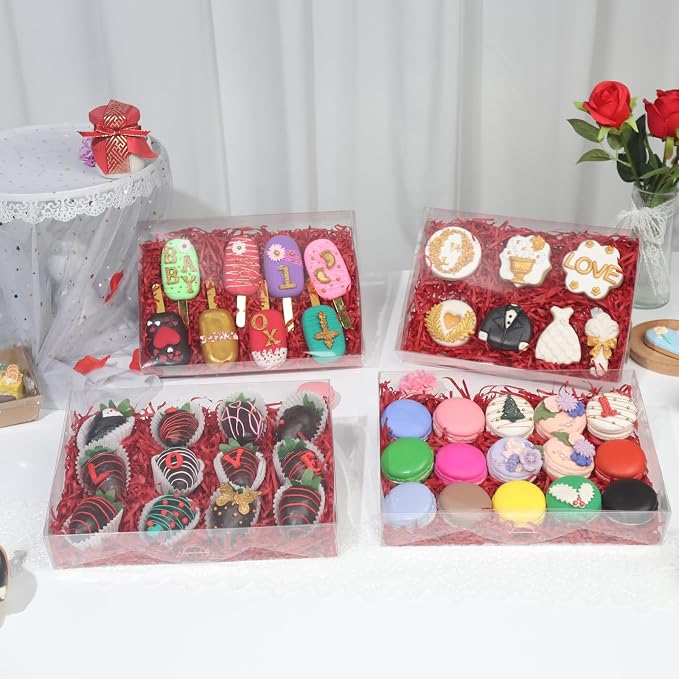 RomanticBaking 50PCS 10x7x2 inches Clear Cookie Boxes Strawberry Boxes | Bakery Boxes Macaron Boxes Gift Boxes Treat Boxes for Party Favors