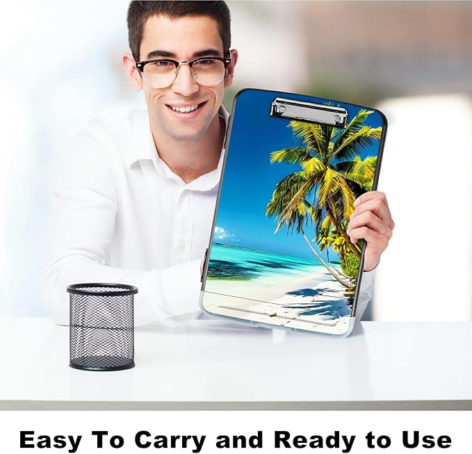 Blue Beach Palm Tree A4 Clipboard with Storage Pen Holder, Clipboards Organizer Nursing Clipboard Foldable File Folder Plastic Clipboard Folio Clip Board for Office Students Classroom