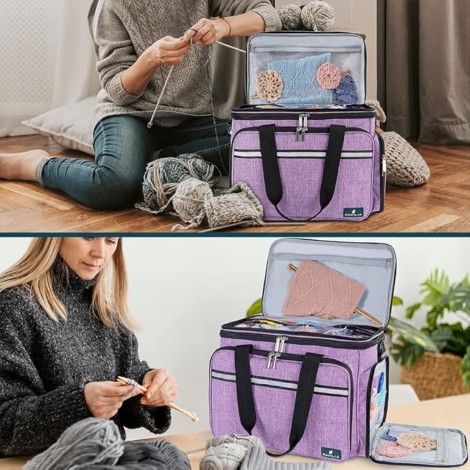PAVILIA Knitting Bag Yarn Storage Tote - Crochet Organizer Bag, Yarn Storage Holder with Dividers for Knitting Accessories, Yarn Skiens, Needles, Hooks, Unfinished Project (Heather Gray)