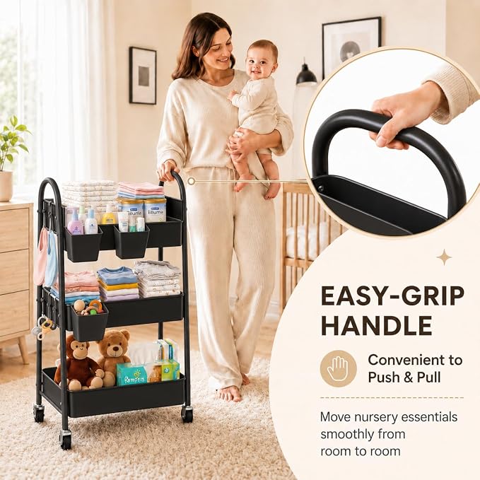 3 Tier Metal Rolling Cart Organizer, Black Utility Storage Cart with Wheels | Three Tiered Utility Roller Shelf for Craft, Art Supply, Snack, Laundry, Bathroom, Baby Essentials, Diaper Caddy, Nursery