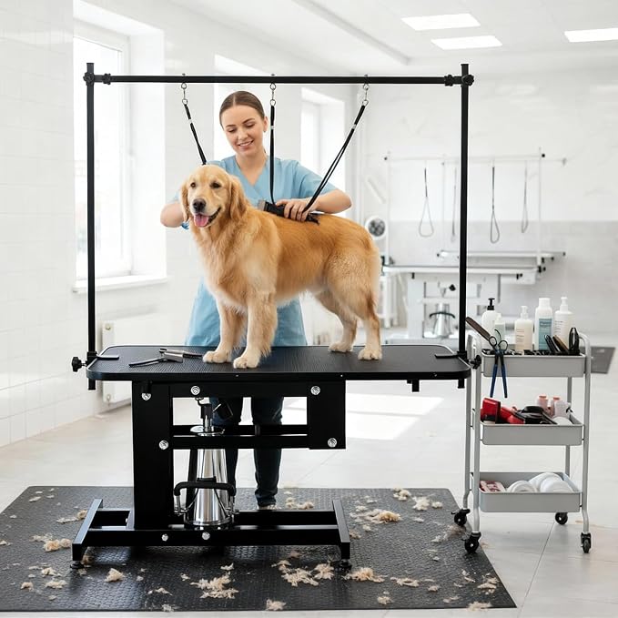 Garvee 43.3" Hydraulic Dog Grooming Table with Max 350 LBS Loading Capacity | Adjustable Height Range 22-39 in, 3 Adjsutable Nooses, Professional Pet Grooming Table, Home Use, Heavy Duty, Black