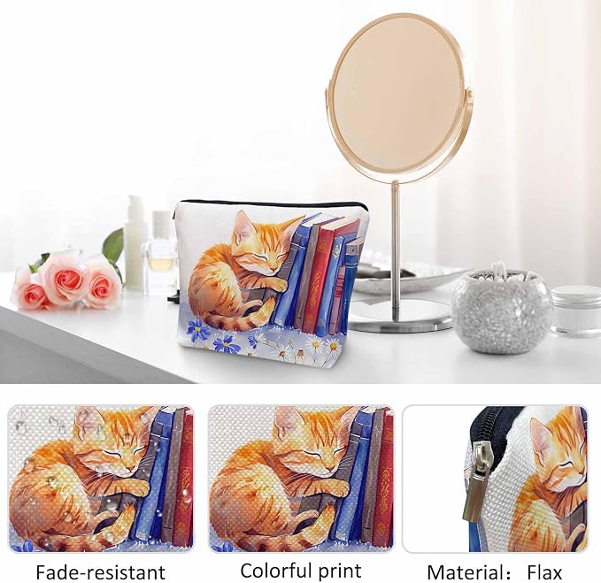 Cat Cosmetic Travel Bag For Toiletries, Funny Cat Kitten Sleep Floral Library Bookshelf Makeup Bag Toiletry Bags For Women, Flax Cosmetic Bags Make Up Bag Purse Toiletries Bag Birthday Gift