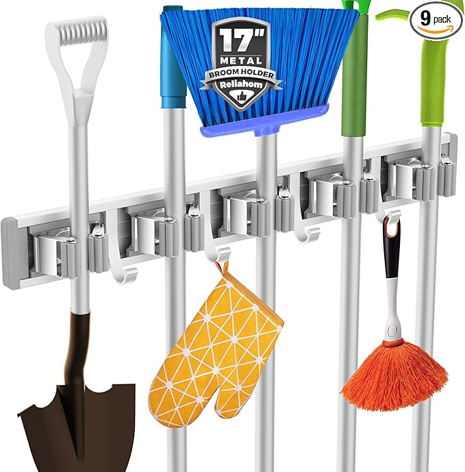 reliahom Broom Holder Wall Mount Mop Hanger Tools organizer 5Racks 4Hooks | Adjustable Mop Broom Wall Hanging Heavy duty Tools Storage Rack Space-saving for Garage,Kitchen,Laundry Room,Garden, Silver