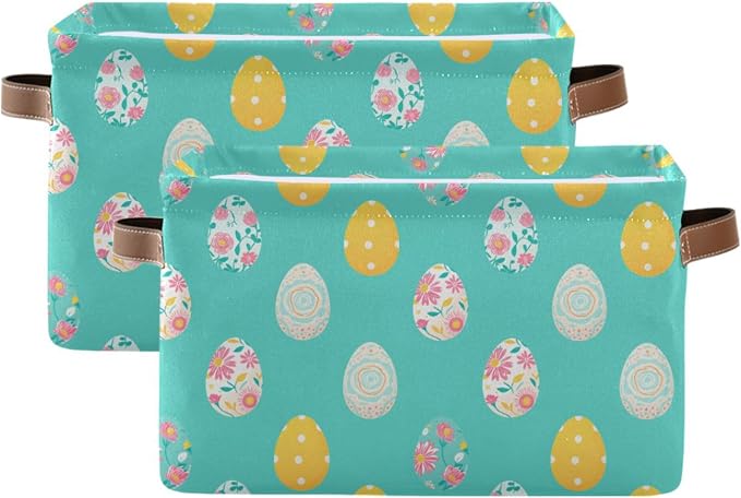 Wamika Happy Easter Day Eggs Storage Basket Fabric Laundry Baskets Easter Rabbit Bunny Spring Storage Boxes Organizer Bag for Baby Cloth Dog Toy Book Storage Cubes Shelf Closet Bins 16×12×8 Inches